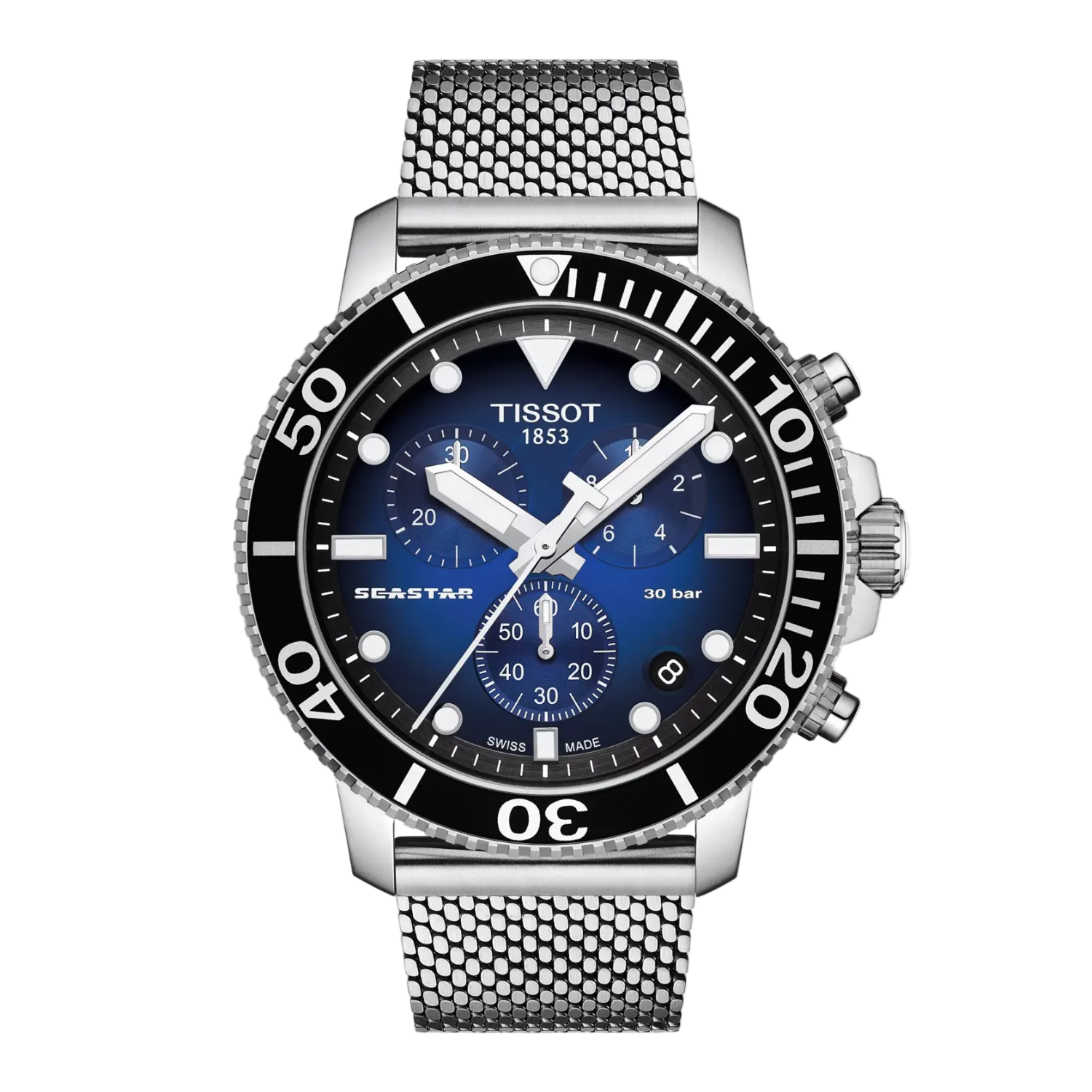 Tissot Seastar 1000 chronografas – tamsiai mėlynas ciferblatas (tinklelio apyrankė)