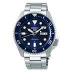 Seiko 5 Sports SRPD51K1 su mėlynu ciferblatu, mėlynu žiedu ir plienine apyranke