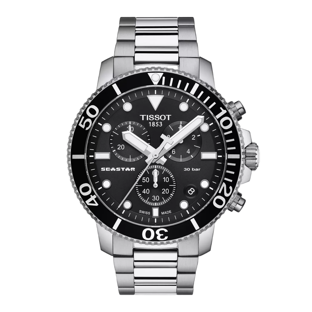 Tissot Seastar chronografas T120.417.11.051.00 su juodu ciferblatu ir plienine apyranke