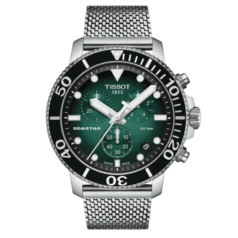 Tissot Seastar 1000 chronografas – tamsiai žalias ciferblatas (tinklelio apyrankė)